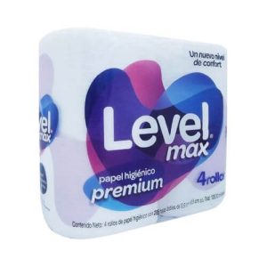Paquete con 4 rollos de papel higiénico con 285 hojas dobles de la marca Level Max.